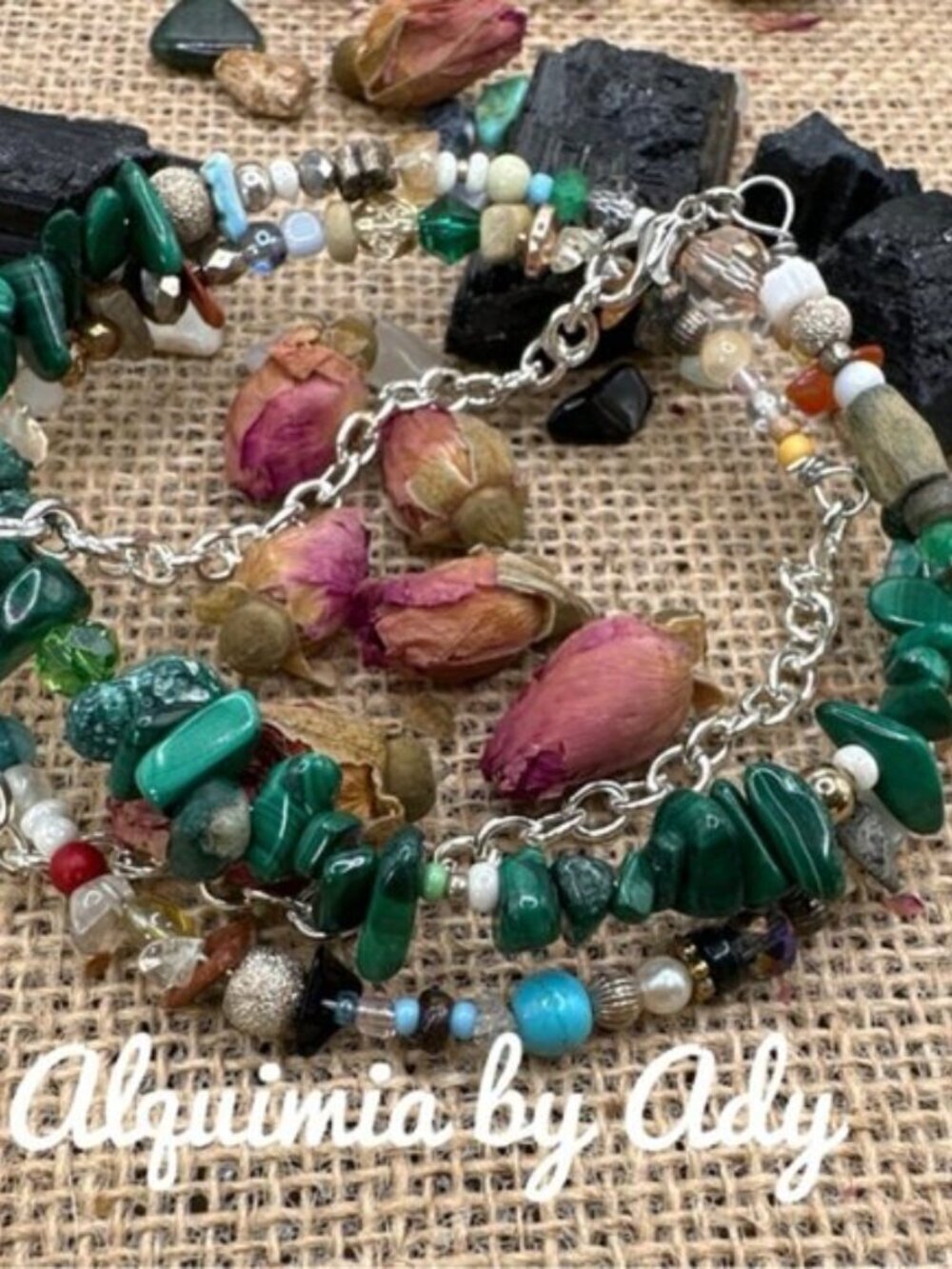 BEADED + SUMMER +Malachite and silver layered statement bracelet